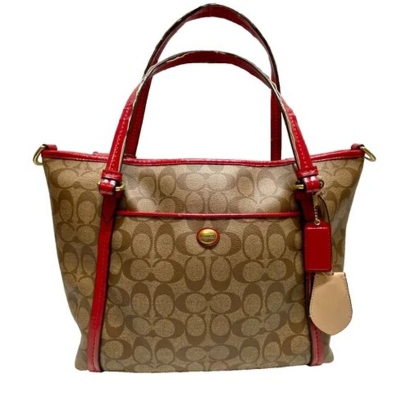Coach Peyton Signature Large Pocket Tote Khaki Red Trim Rare F25504 Worn Handles - Picture 1 of 15